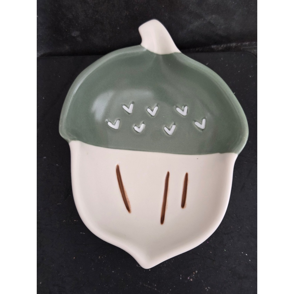 Hallmark Acorn Ceramic Trinket Dish Sage Green Cream Heart Detail Fall Decor